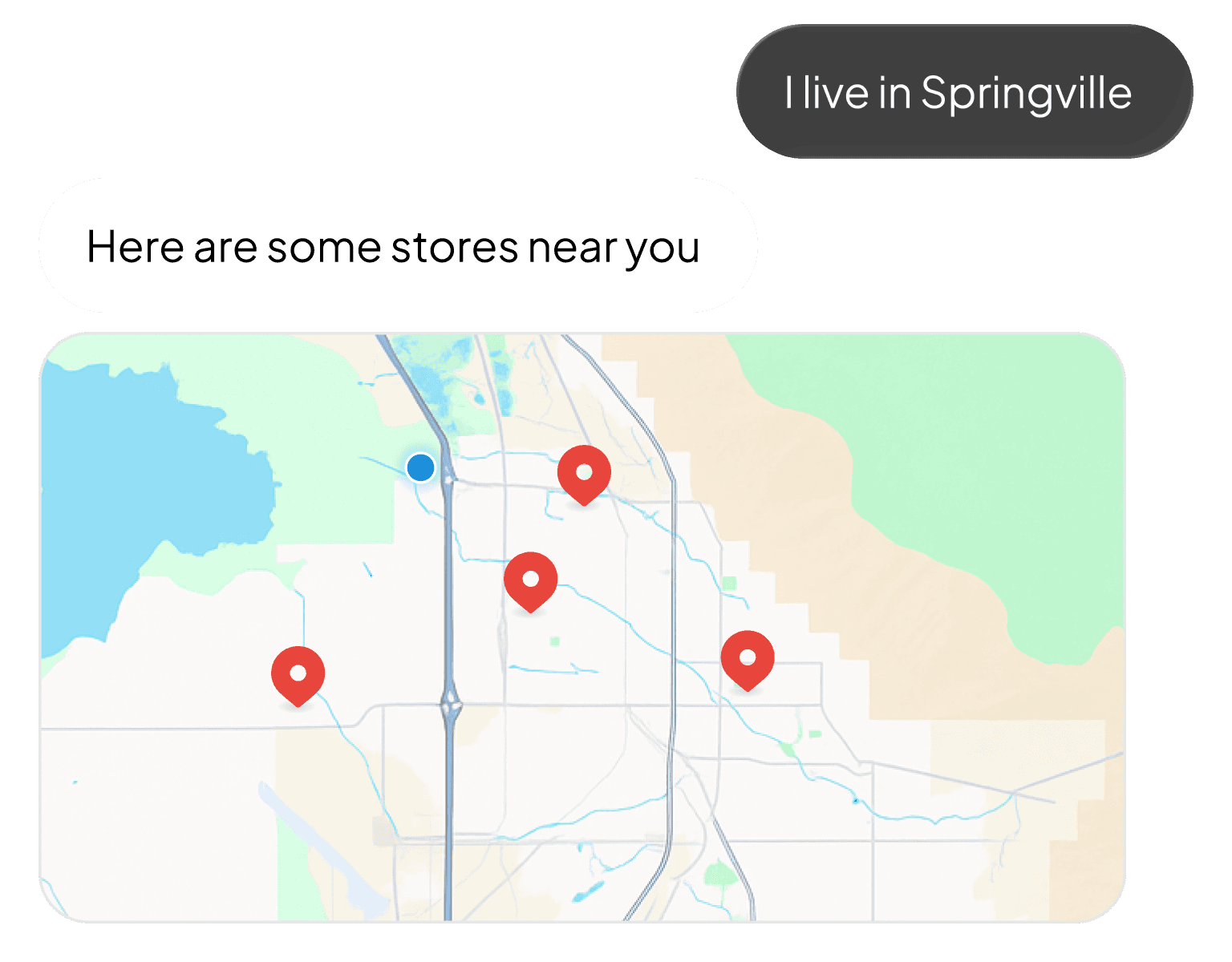 Chat asking for stores near Springville with a map of red pins showing nearby store locations